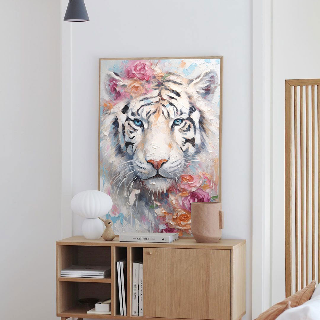 Impressionist White Tiger Oil Painting Textured Flowers And Tiger Canvas Wall Art Modern Animal Oil Painting Framed Living Room Decor