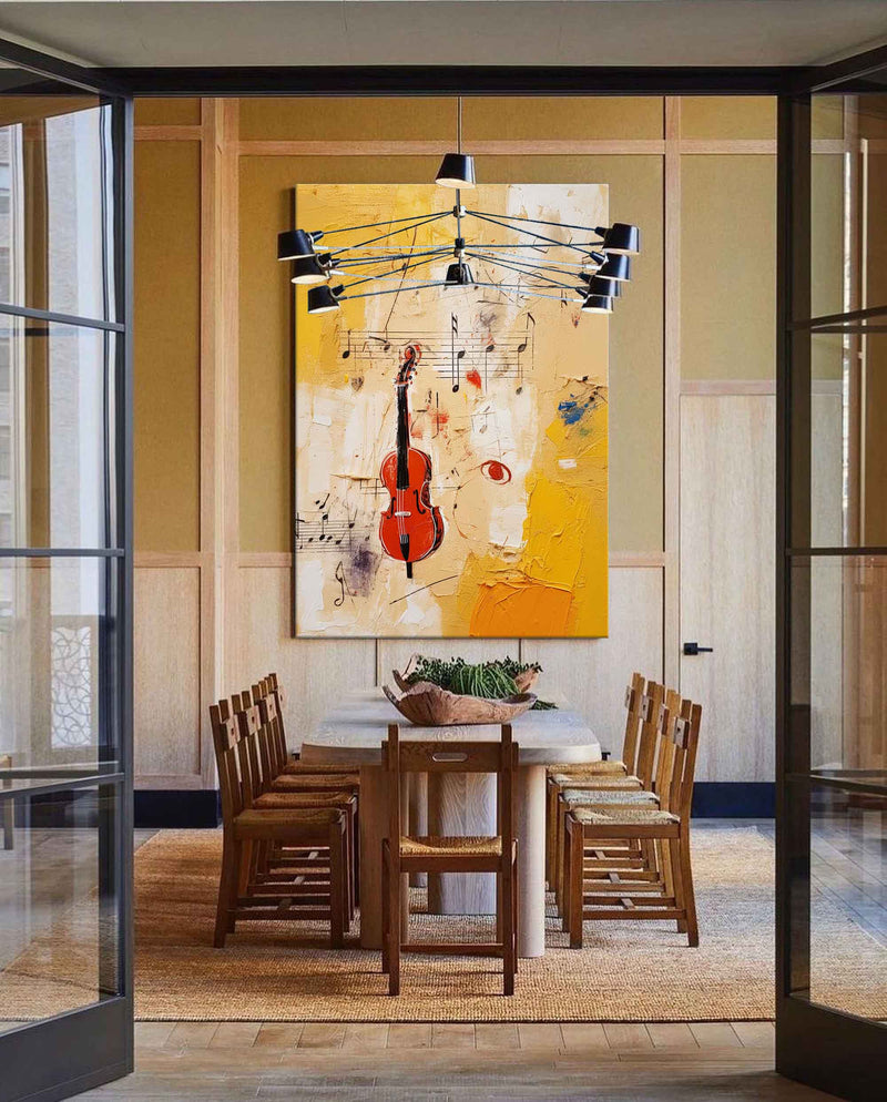 Original Violin Notes Abstract Wall Art Bright Modern Oil Painting Canvas Large Yellow Oil Painting for Home Decor