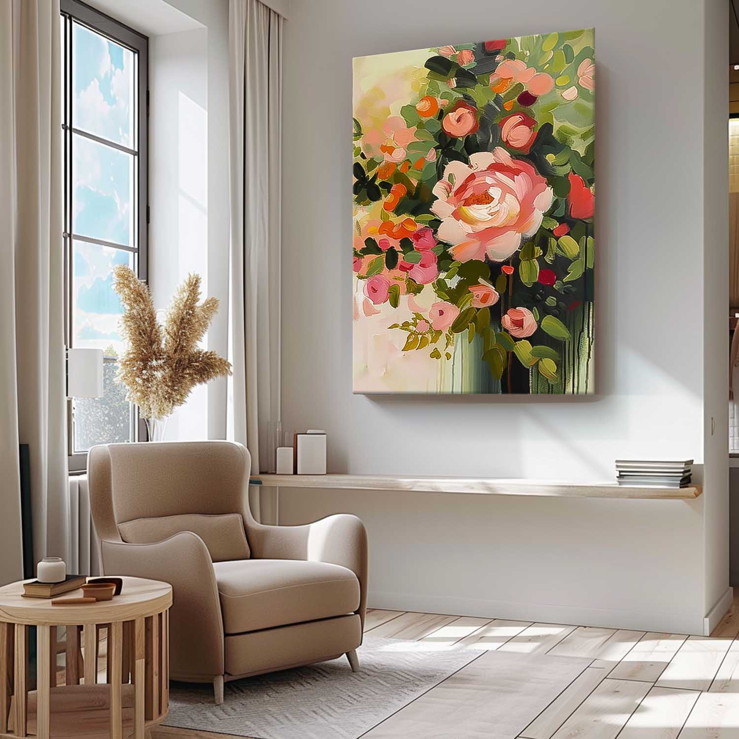 Original Pink Flower Wall Art Abstract Boho Modern Floral Acrylic Painting On Canvas Living Room Wall Decor