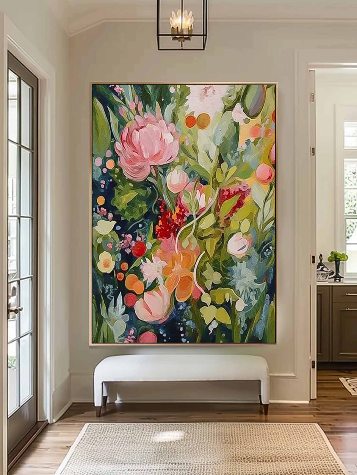 Original Green Flower Wall Art Abstract Boho Modern Floral Acrylic Painting On Canvas Living Room Wall Decor
