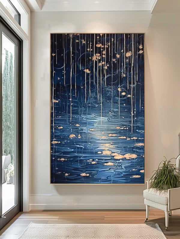 Blue Long Version Large Abstract Rain Oil Painting Original Raindrop Wall Art Texture Painting Home Decor