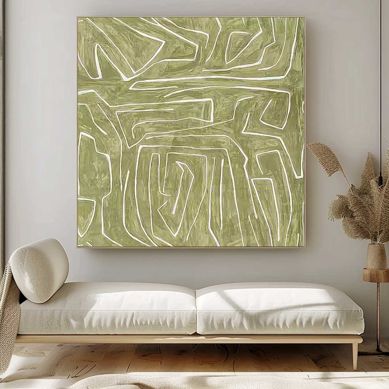 Modern Minimalist Line Canvas Painting Acrylic Large Green Abstract Wall Art Framed For Living Room