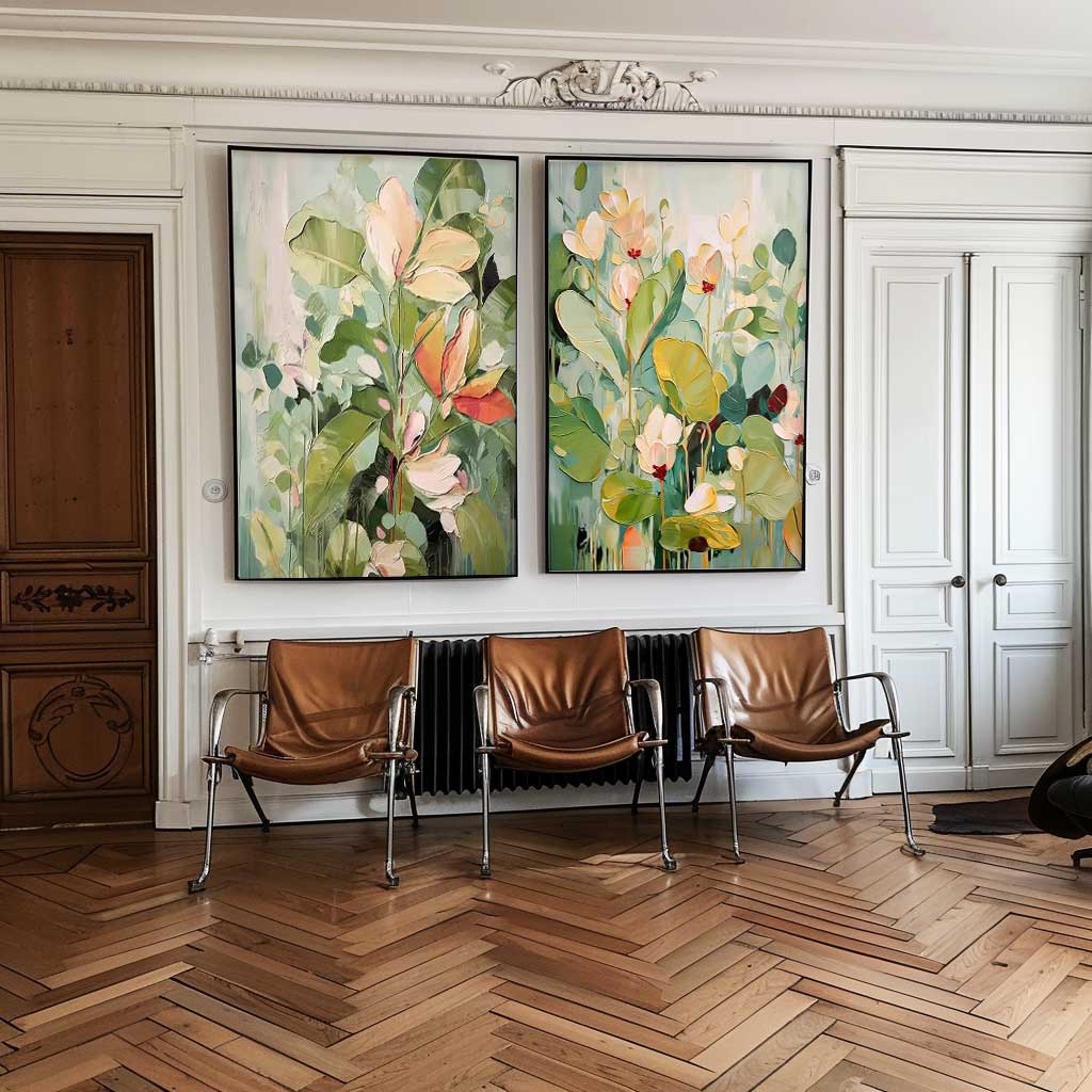 Set of 2 Green Abstract Oil Paintings Contemporary Flower Canvas Wall Art Floral Spring Artwork