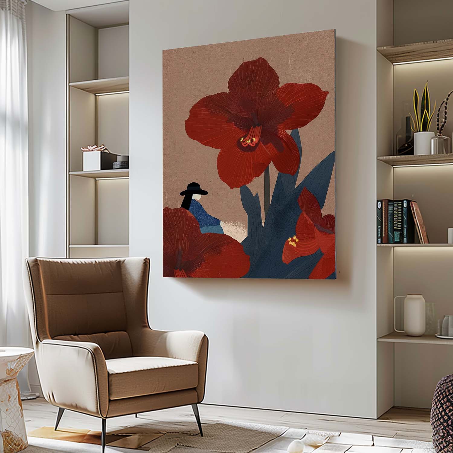 Original Girl On Flowers Wall Art Large Figure Painting Illustration style Abstract Artwork For Living Room
