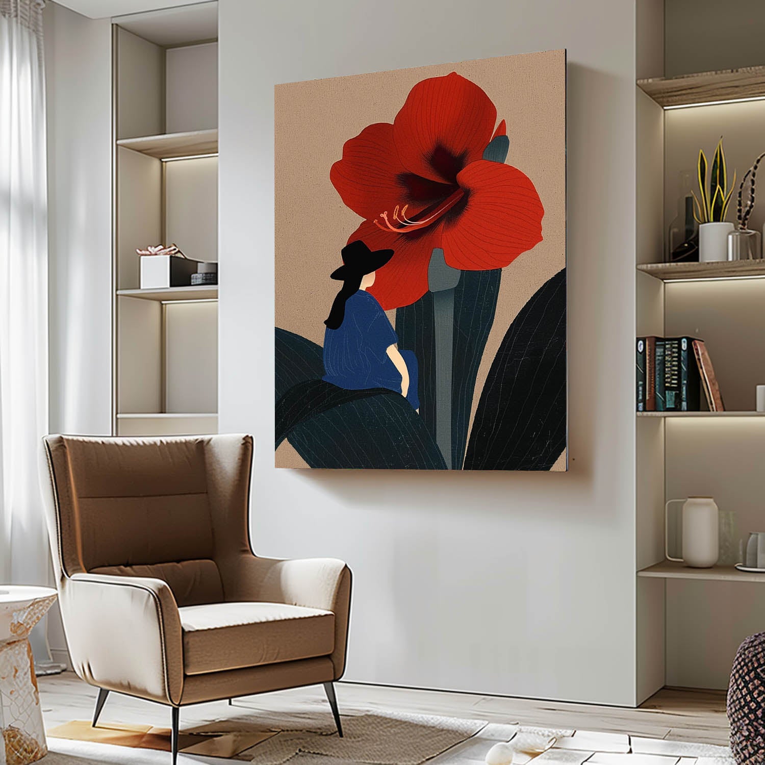 Large Figure Painting Original Girl On Flowers Wall Art Illustration style Abstract Artwork For Living Room
