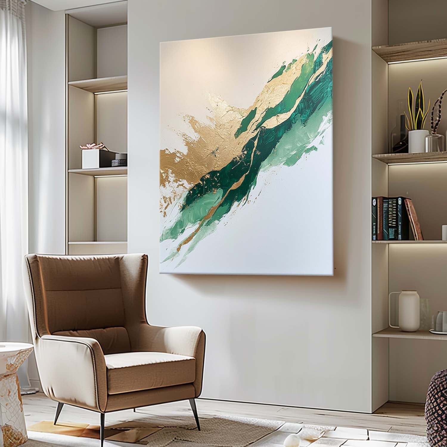 Large Green Modern Acrylic Painting On Canvas Gold Texture Abstract Oil Painting High Quality Original Artwork