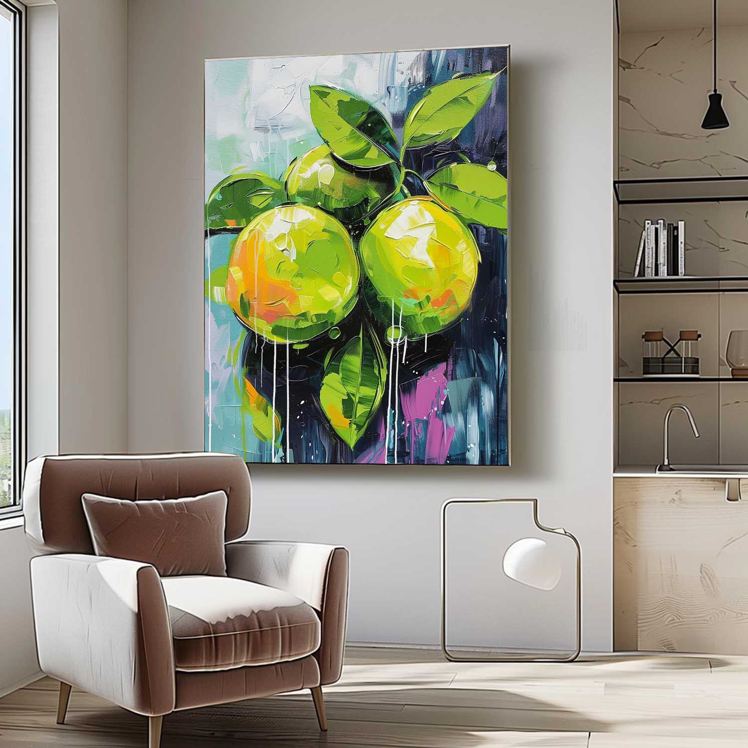 Large Lime Original Artwork Abstract Still Life Painting On Canvas Colorful Fruit Acrylic Painting Gift