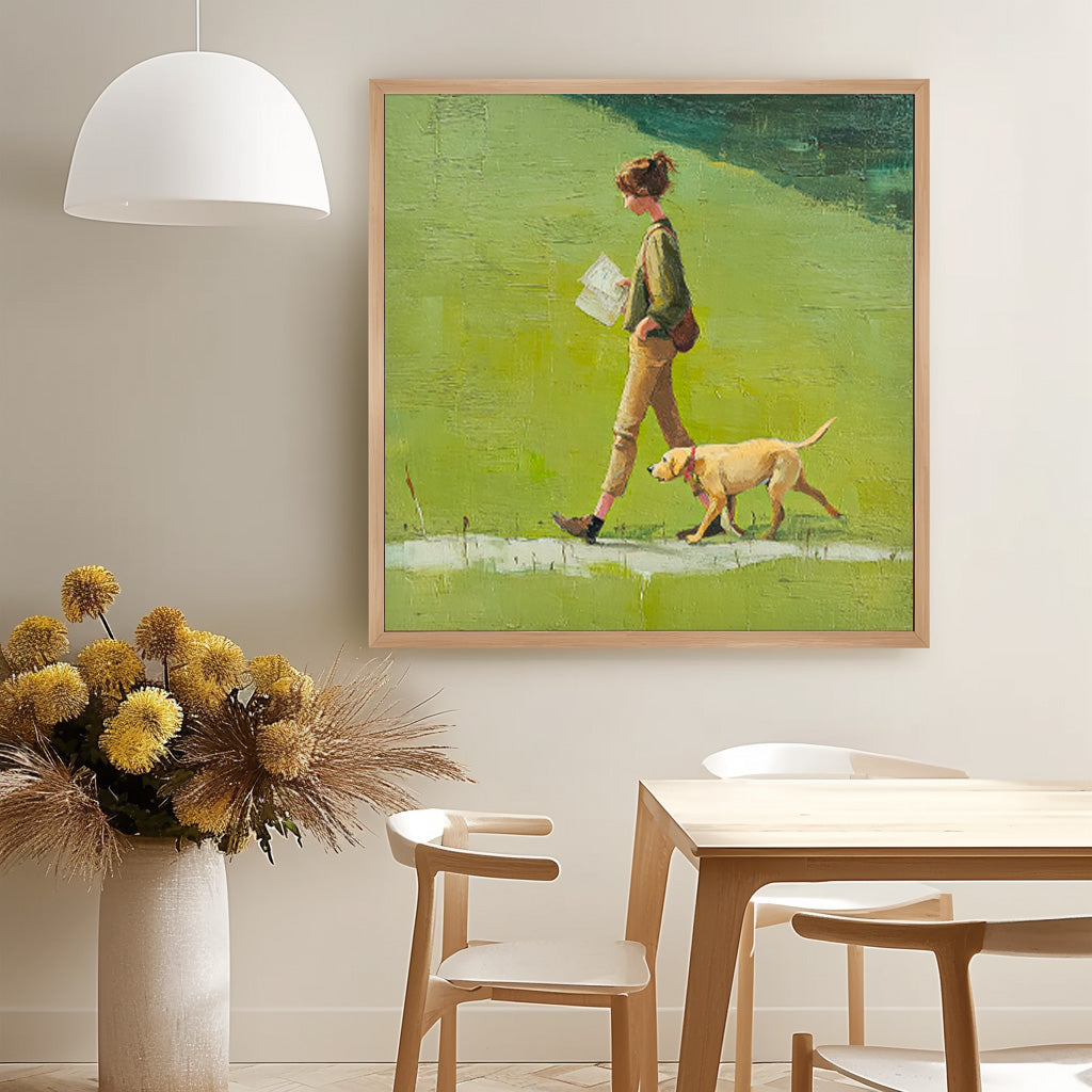 Minimalist Girl Walking The Dog Painting Abstract Warm And Peaceful atmosphere Landscape Green Grassland Wall Art