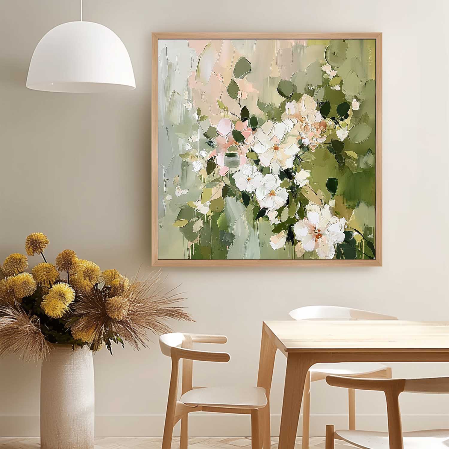 Square Original  Fresh White Flowers Painting Large Green Acrylic Painting Modern Floral Oil Painting On Canvas