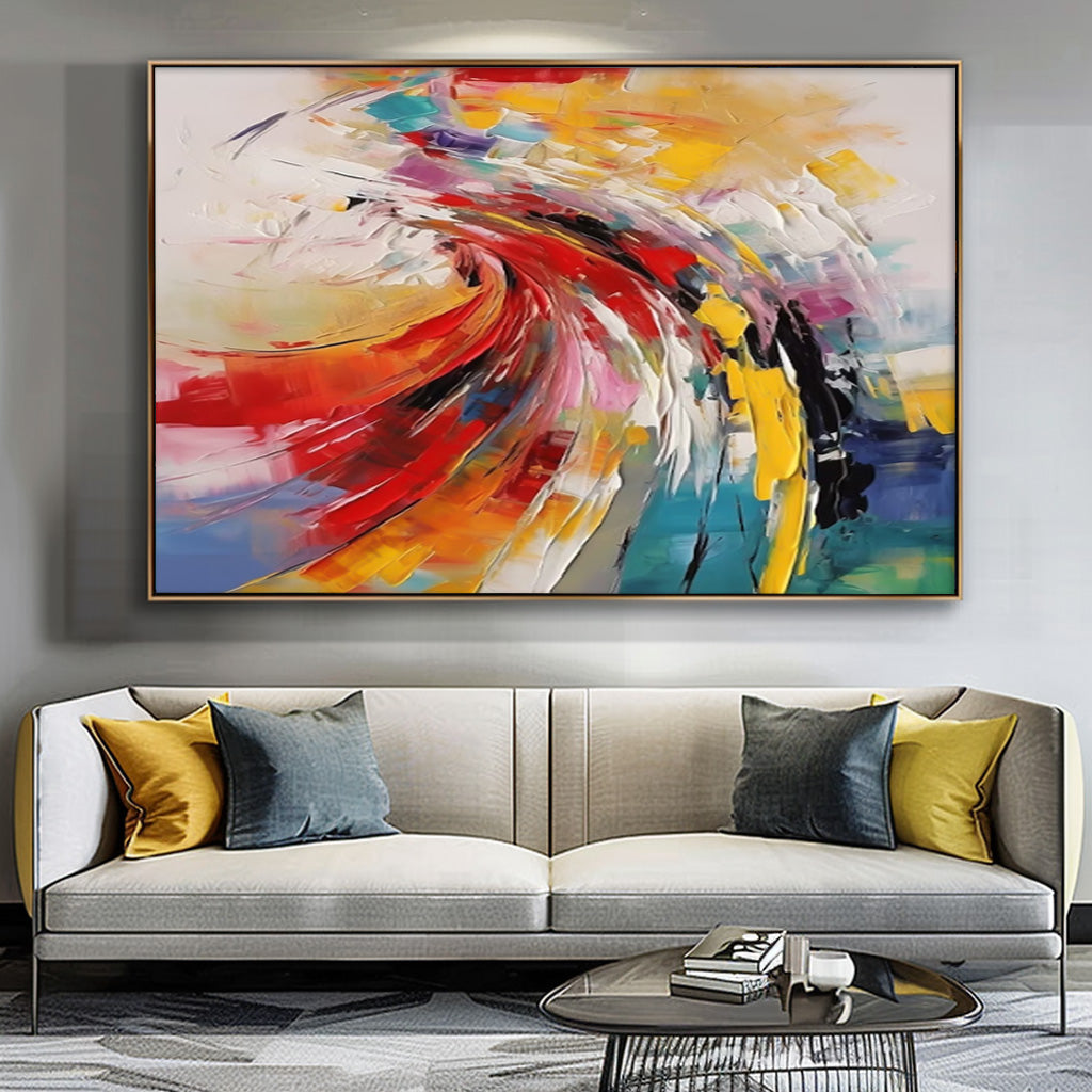 Bright Modern Abstract Canvas Painting Big Texture Colorful Abstract Wall Art Framed For Living Room
