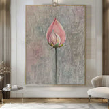 Lotus Bud Original Contemporary Flowers Artwork Abstract Grey And Pink Flower Oil Painting On Canvas