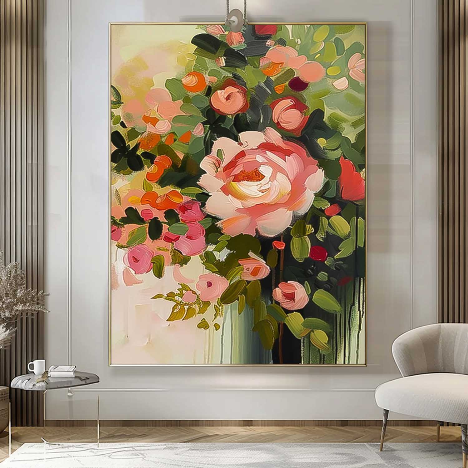 Original Pink Flower Wall Art Abstract Boho Modern Floral Acrylic Painting On Canvas Living Room Wall Decor
