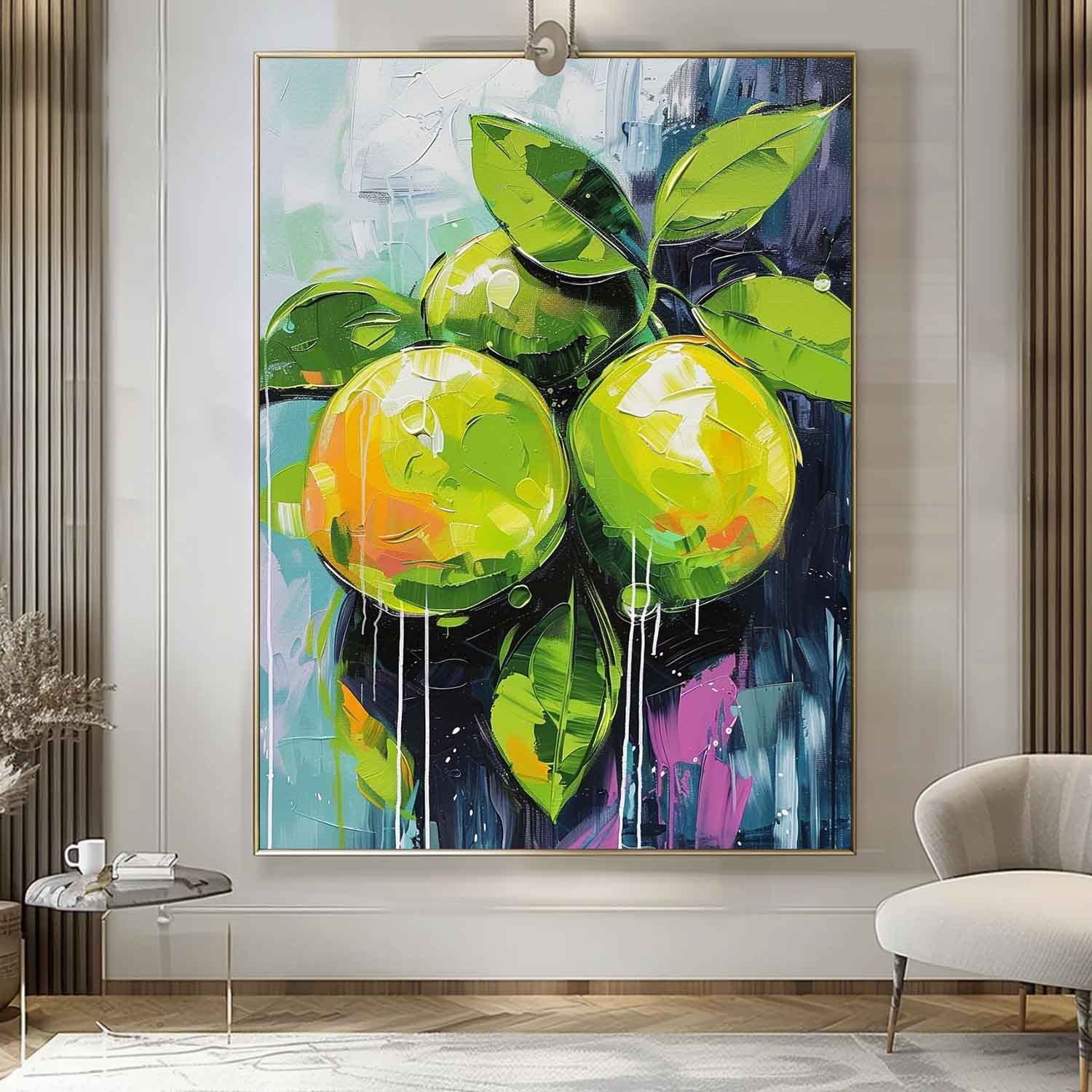 Large Lime Original Artwork Abstract Still Life Painting On Canvas Colorful Fruit Acrylic Painting Gift