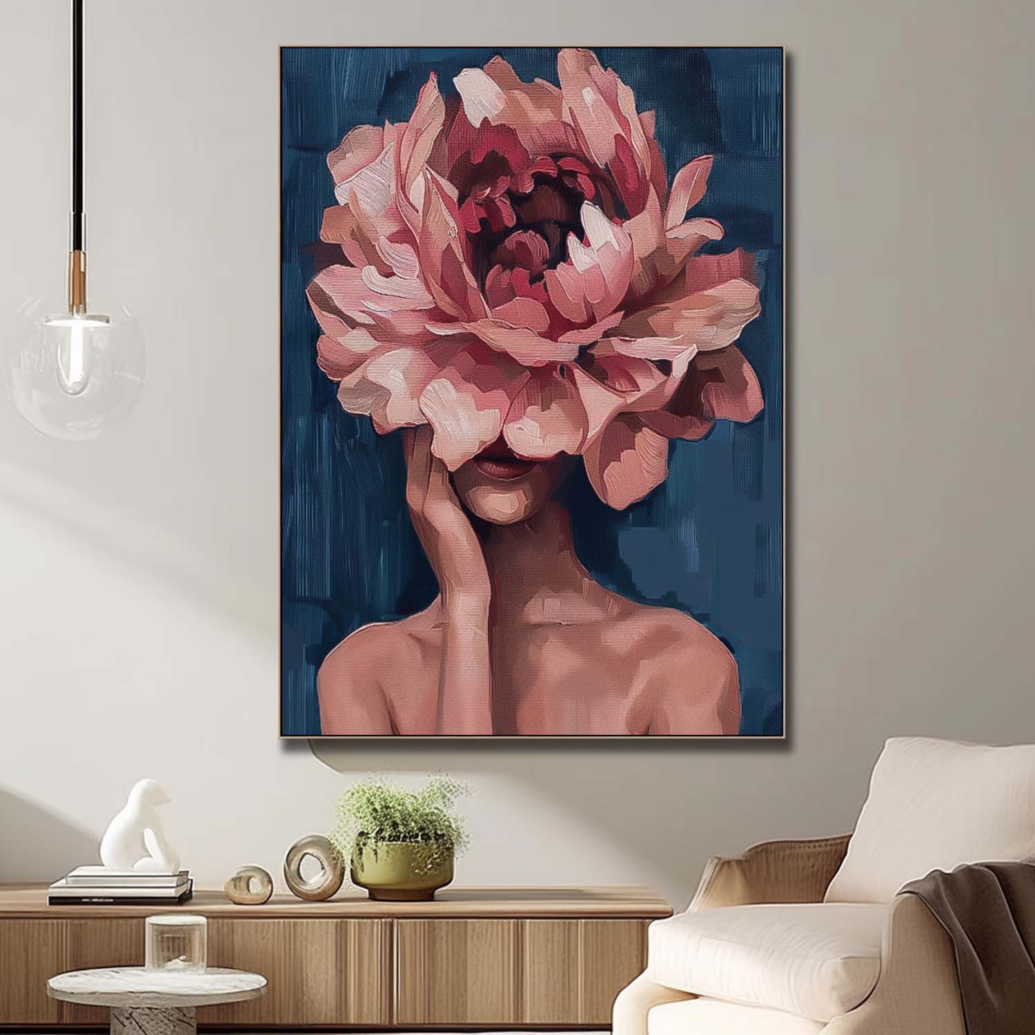 Original Lady Wall Art Abstract Pink Peony Flower Profile Artwork Large Portrait Painting For Living Room