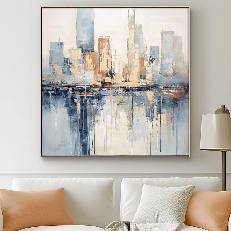 Modern Abstract Cityscape Oil Painting Large Texture Painting On Canvas Blue and Beige Wall Art Home Decor
