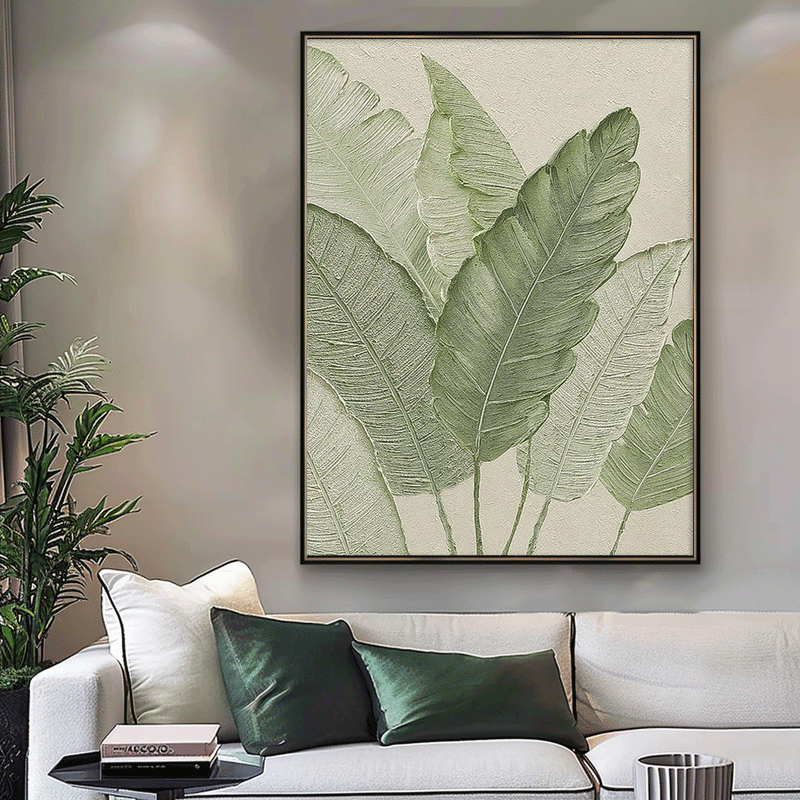Large Thick Texture Abstract Green Leaf Paintings Modern Leaf Paintings Summer Painting Framed Wall Art