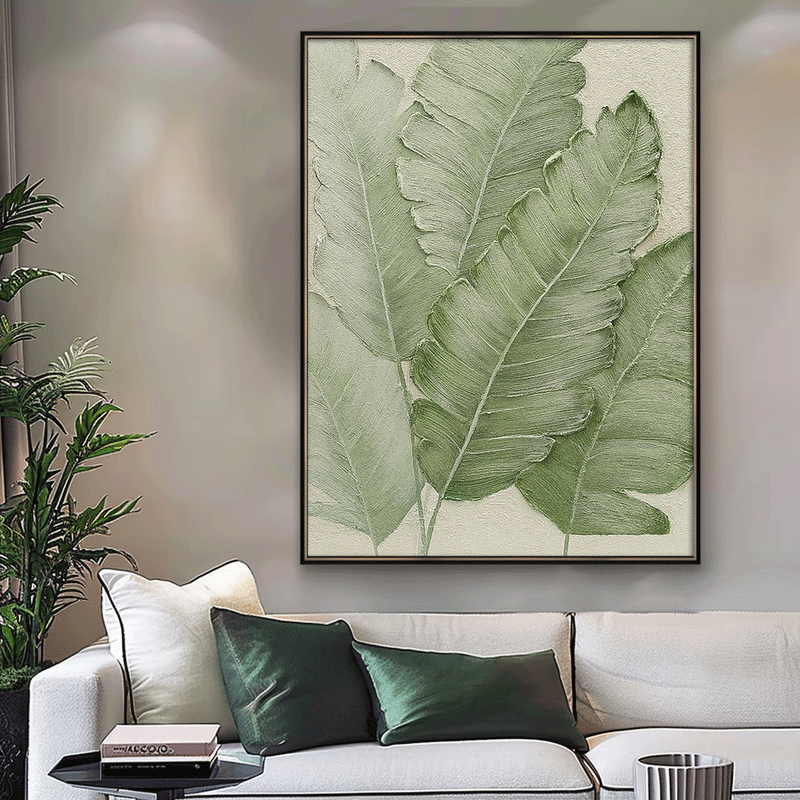 Large Thick Texture Abstract Green Leaf Paintings Contemporary Leaf Paintings Summer Painting Framed Wall Art
