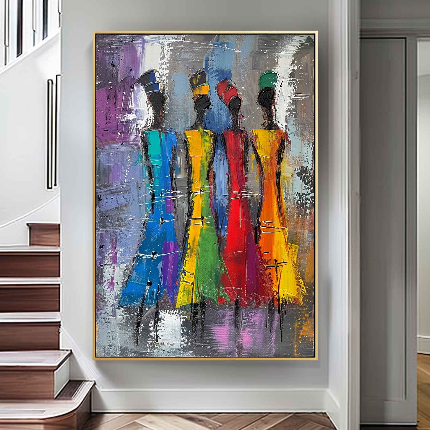 Original Modern Wall Art Colorful Four Women Silhouettes Painting Big Multicolor Girl Painting Framed