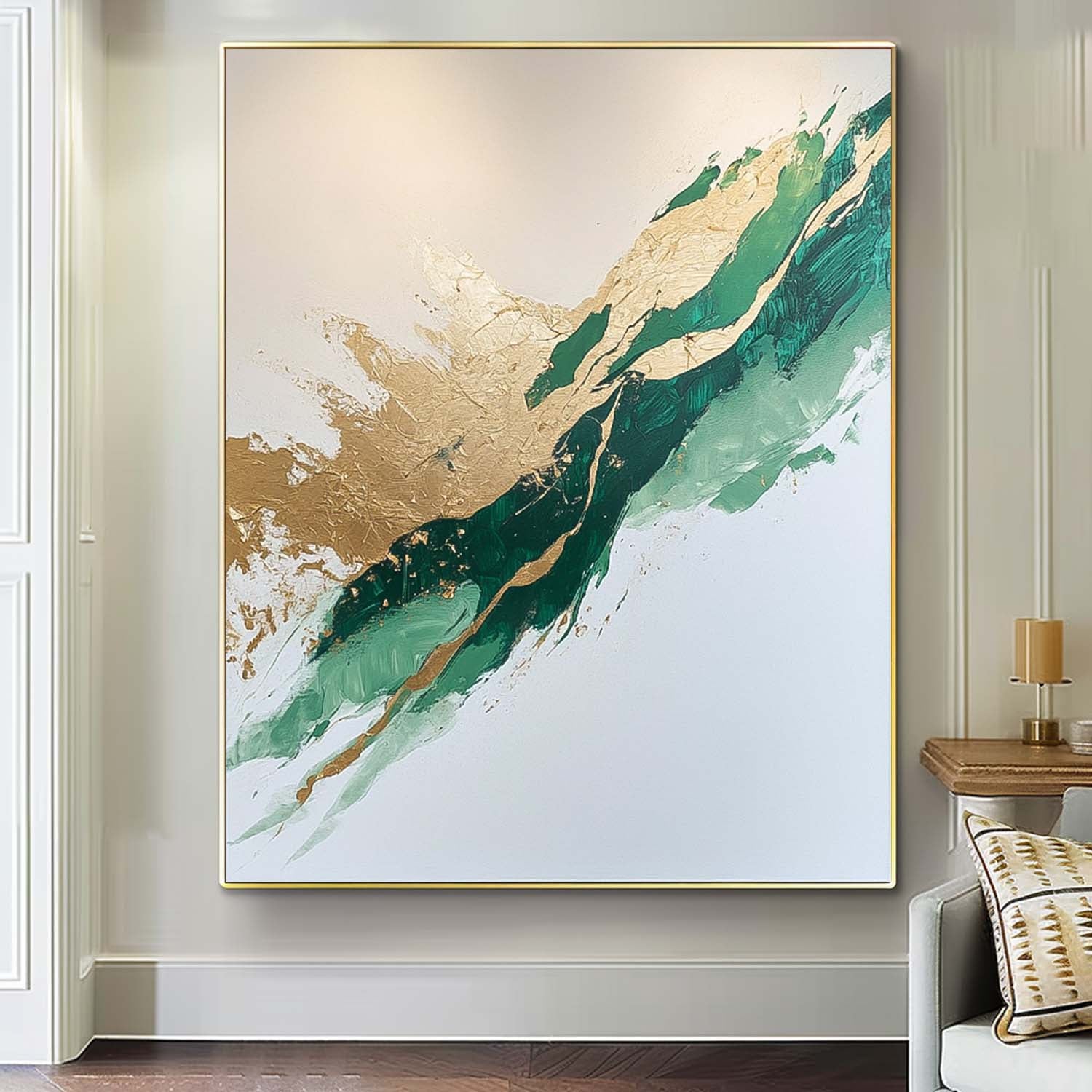 Large Green Modern Acrylic Painting On Canvas Gold Texture Abstract Oil Painting High Quality Original Artwork