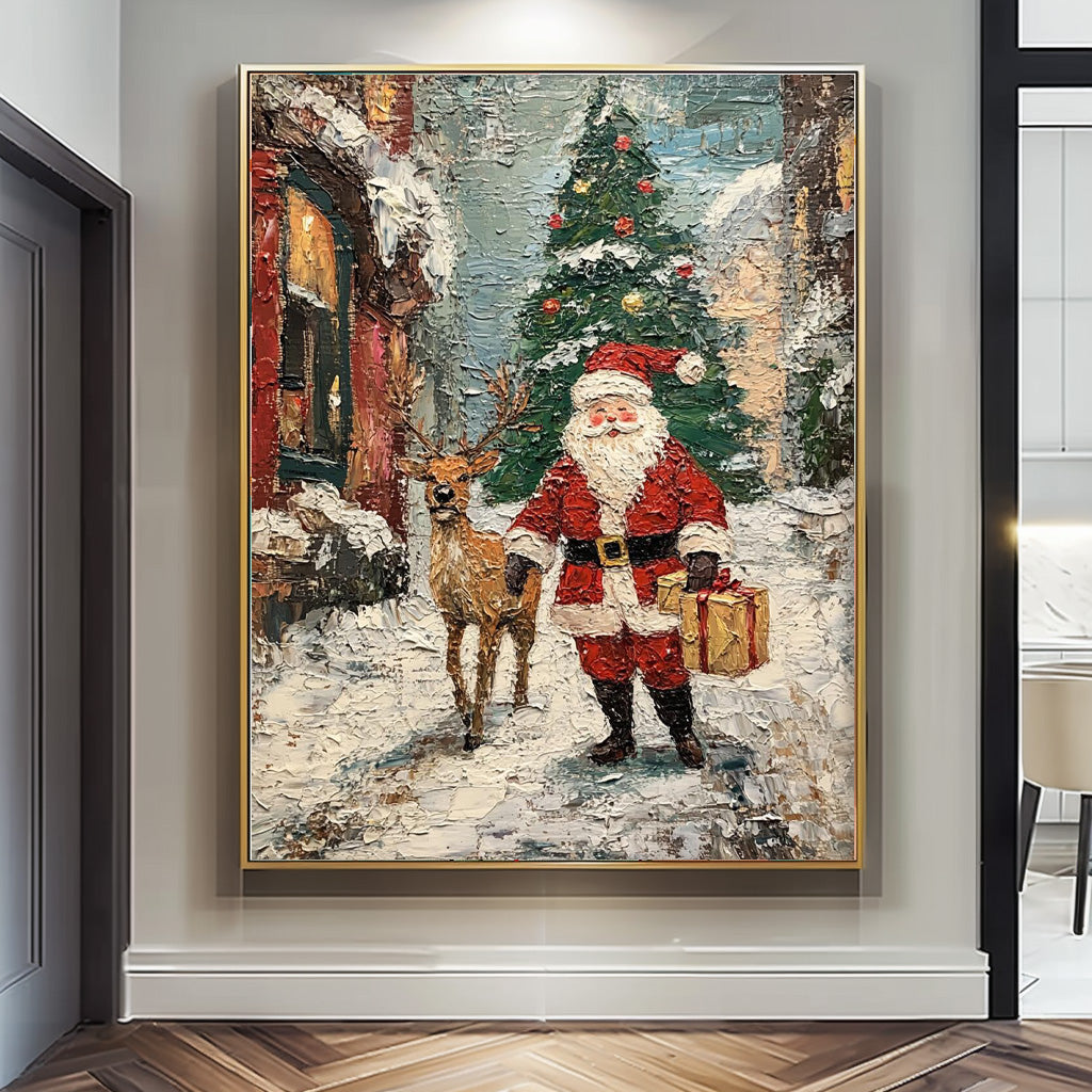 Christmas Wall Art Vintage Santa Claus Christmas Tree and Painting Rustic Classic Santa Xmas Holiday Decor