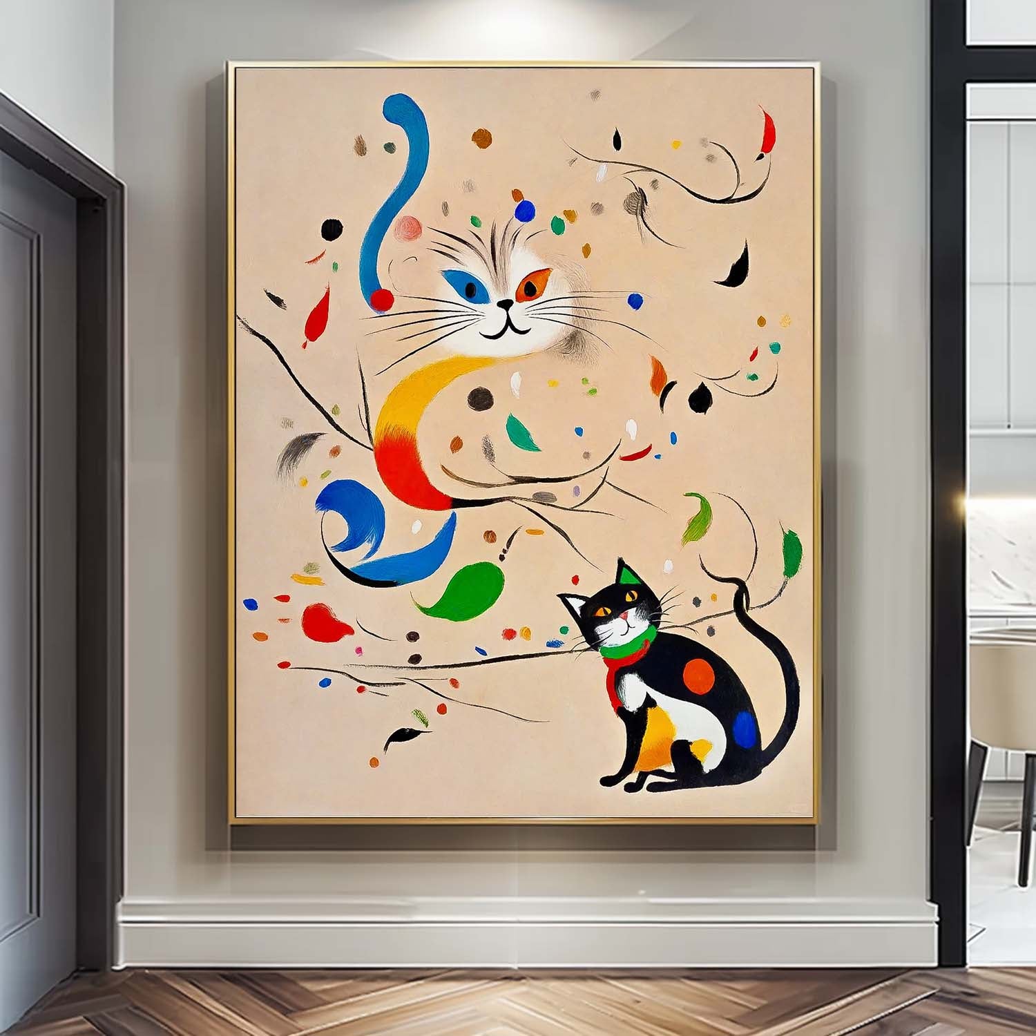 Colorful Modern Cat Oil Painting Joan Miró Style Abstract Cat Acrylic Painting Pop Artwork Home Decor