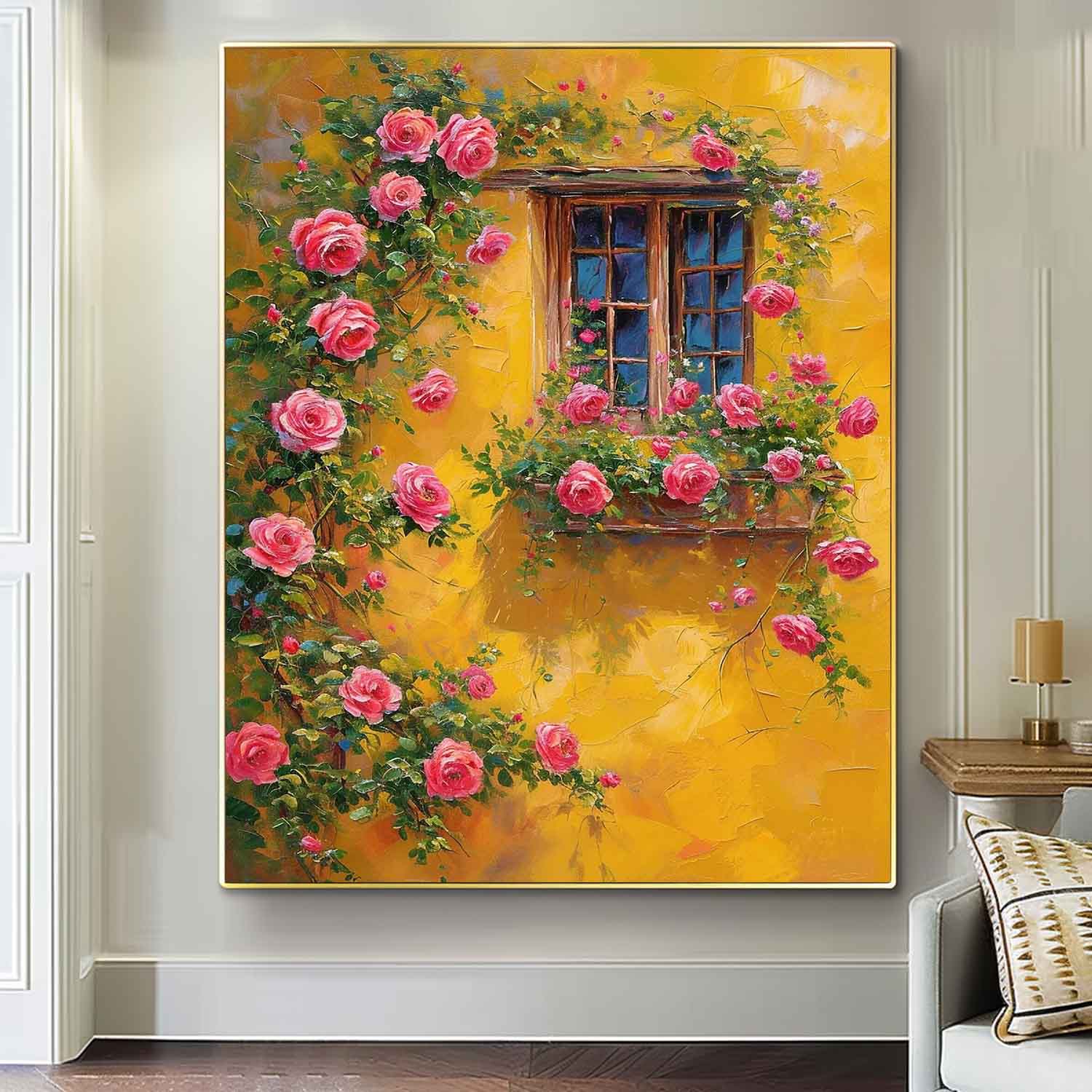 Flowers And Yellow Building Acrylic Painting Canvas Large Textured Art Original Floral Painting Home Decor