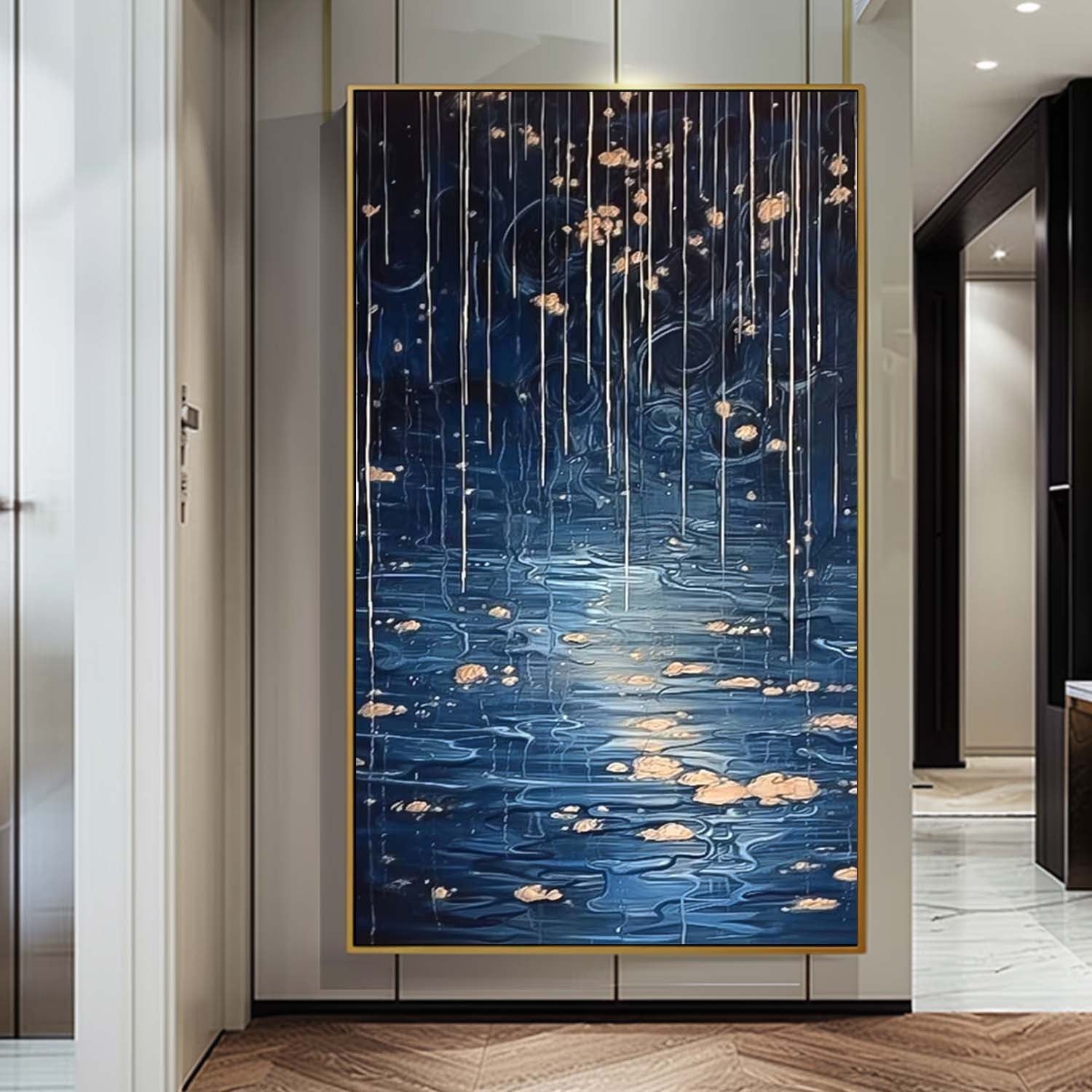 Blue Long Version Large Abstract Rain Oil Painting Original Raindrop Wall Art Texture Painting Home Decor