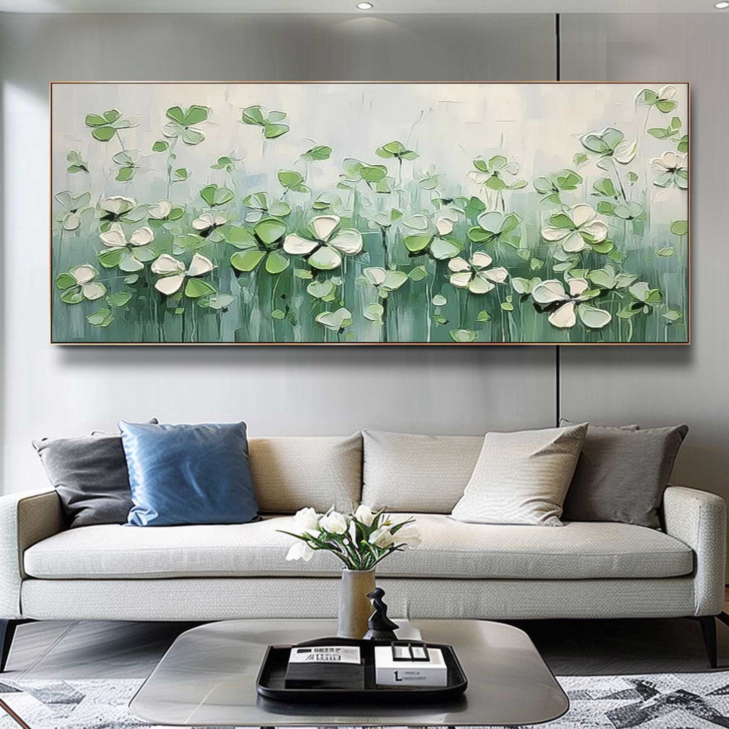 Large Green Four Leaf Clover Wall Art Textured Flower Acrylic Painting Original Painting On Canvas Framed Decor