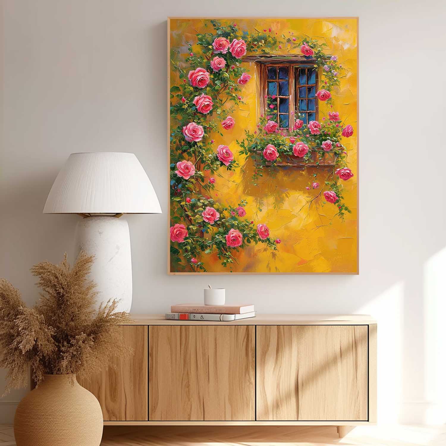 Flowers And Yellow Building Acrylic Painting Canvas Large Textured Art Original Floral Painting Home Decor