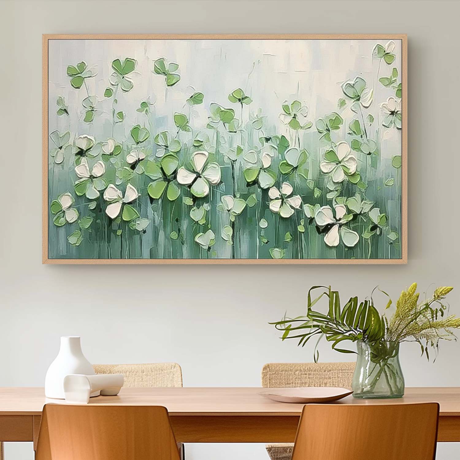 Large Green Four Leaf Clover Wall Art Textured Flower Acrylic Painting Original Painting On Canvas Framed Decor