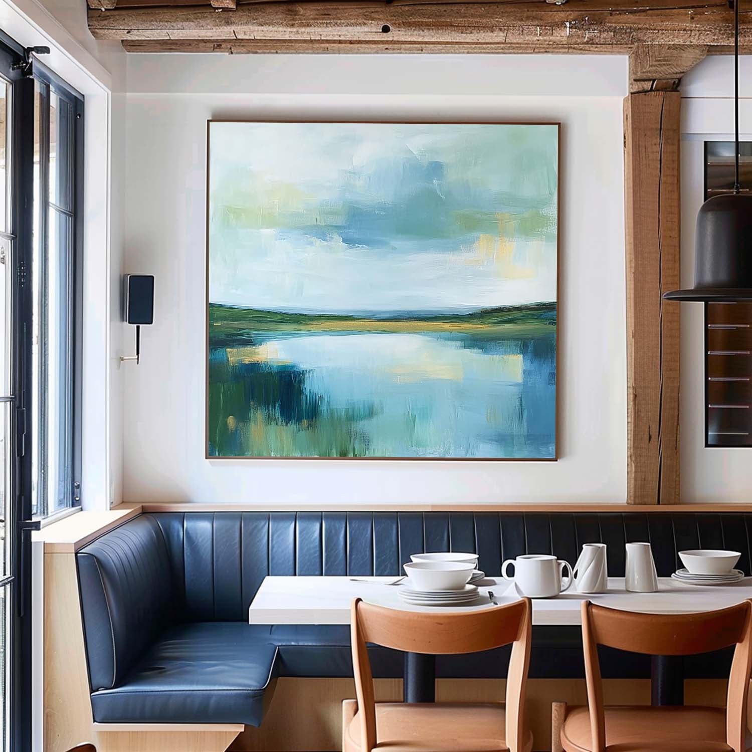 Green Countryside Landscape Artwork Large Blue Texture Wall Art Framed Abstract Lake Landscape Oil Painting