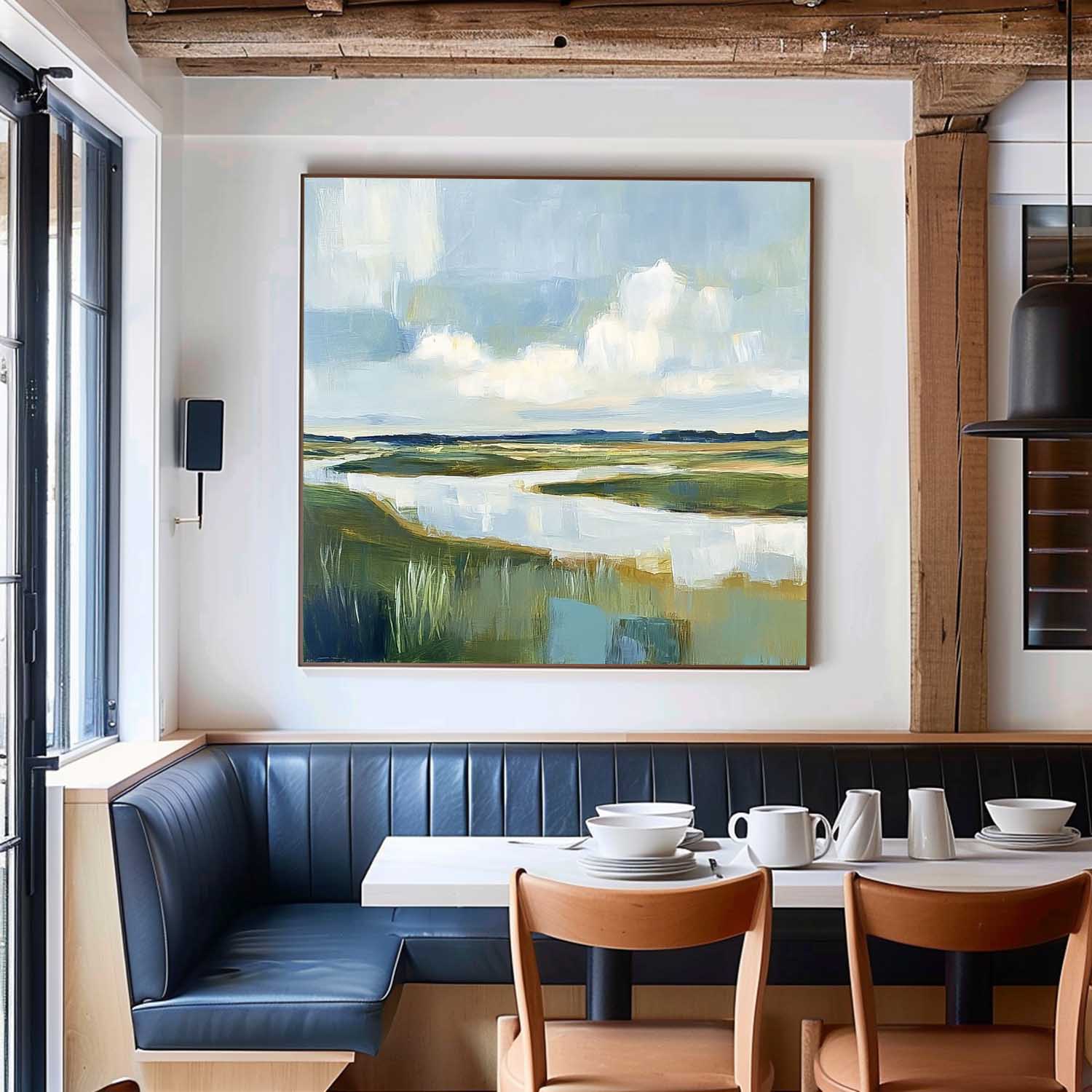 Abstract Lake Landscape Oil Painting Large Blue Texture Wall Art Framed Green Countryside Landscape Artwork