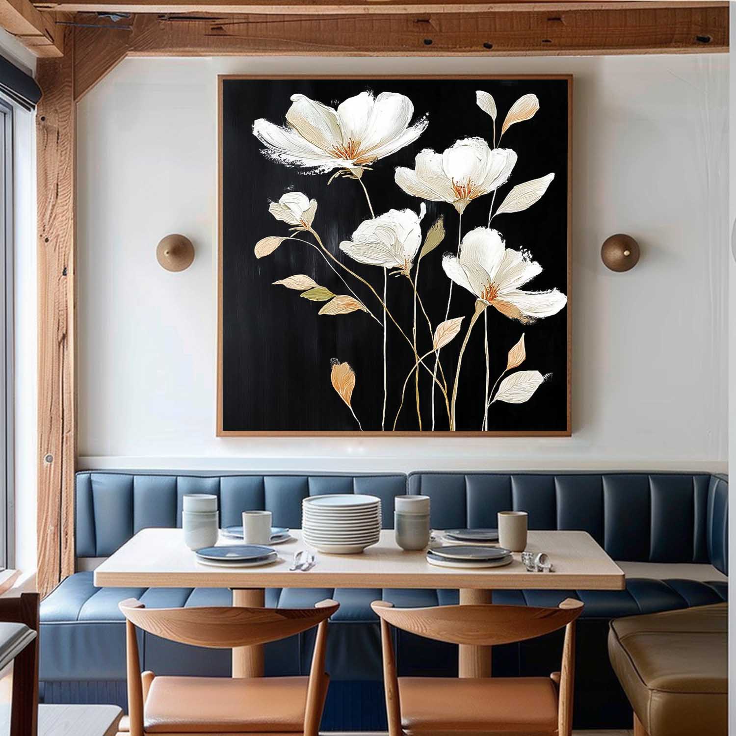 Black Original Artwork Texture Plant Wall Art Large White Flower Abstract Oil Painting Canvas Home Decor