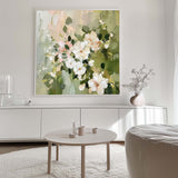 Square Original  Fresh White Flowers Painting Large Green Acrylic Painting Modern Floral Oil Painting On Canvas