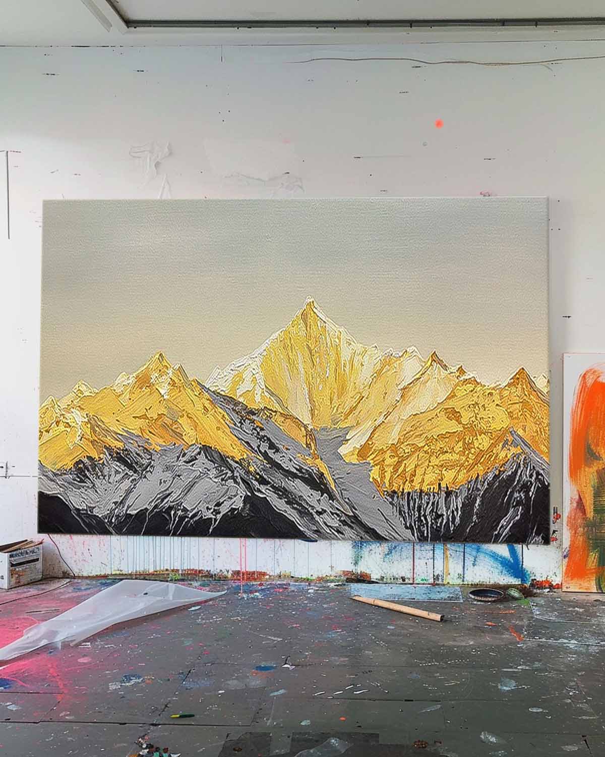 Modern Abstract Gold Mountain Oil Painting On Canvas Large Original Mountain Wall Art For Living Room