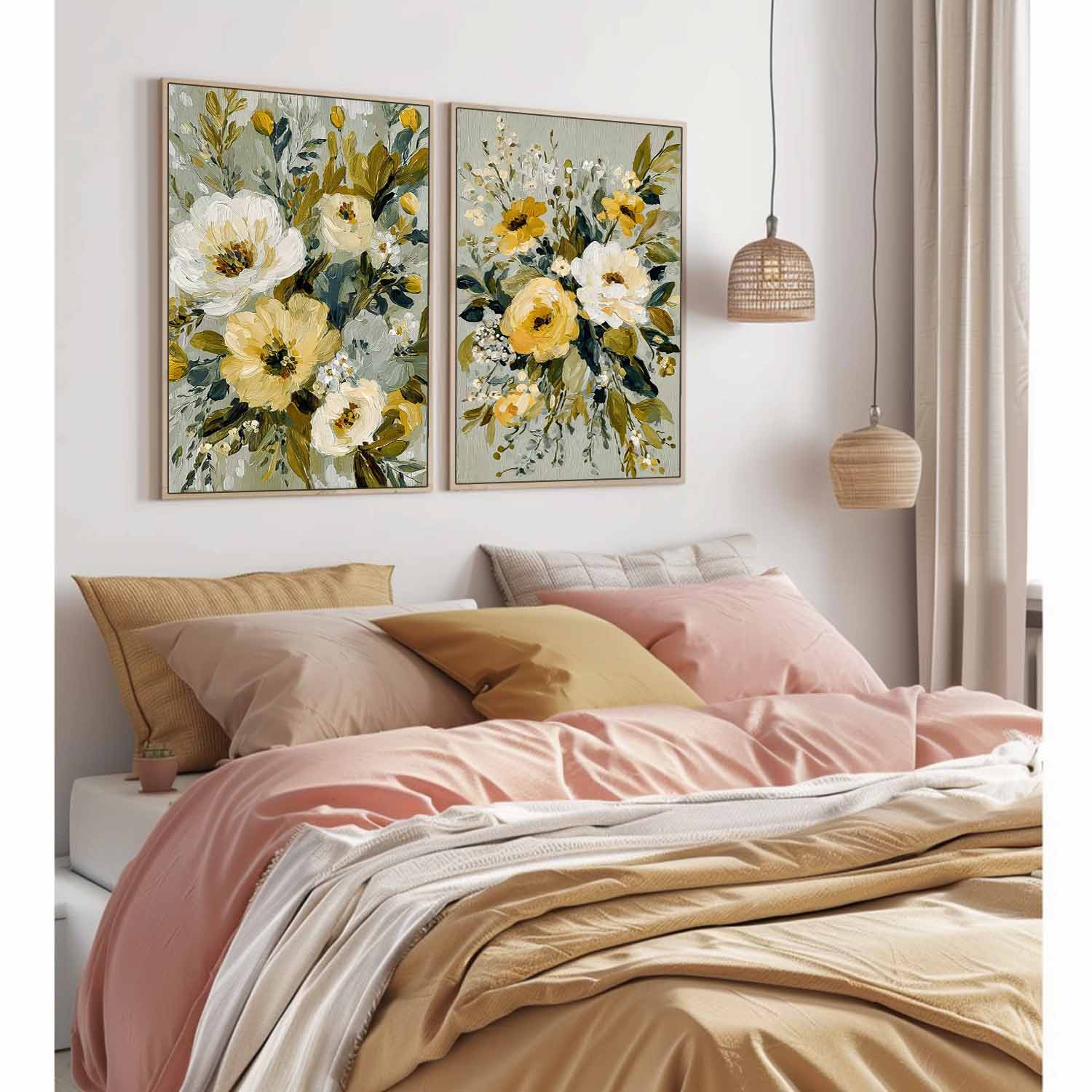 Floral Canvas Wall Art Set of 2 Modern Impressionist Flower Painting Muted Sage Green & Yellow Wildflower Art