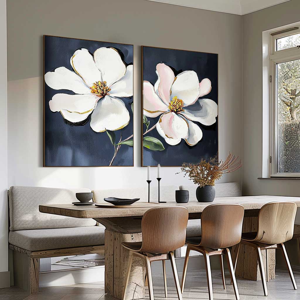 Set of 2 Floral Painting on Canvas 3D Blossom Textured Wall Art Flower Pastel Impasto Botanical Home Decor