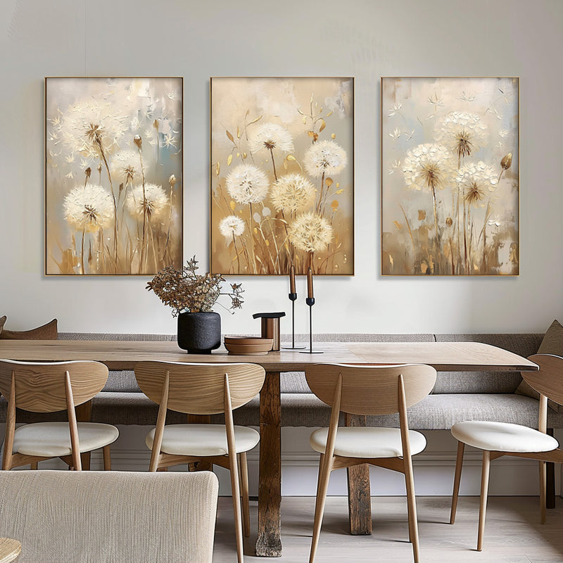 Set of 3 white Dandelion Abstract Oil Paintings Contemporary Flower Canvas Wall Art Floral Spring Artwork