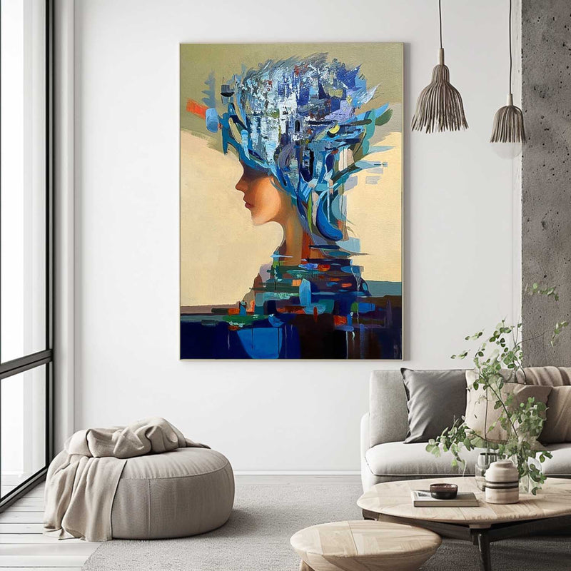 Original Blue Wall Art Abstract Lady Painting Woman Face Artwork Large Leaf Faceless Portrait Painting