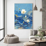 Abstract Lotus Flower Oil Painting On Canvas Big Original Texture Beautiful Blue Flowers Artwork Framed