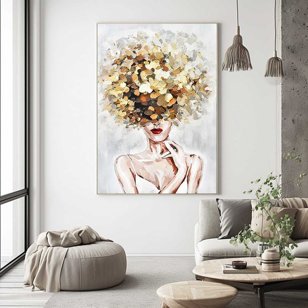 Original White Wall Art Abstract Lady Painting Woman Face Artwork Large Leaf Faceless Portrait Painting