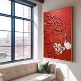 Bright Red Oil Painting Modern Thick Texture Crane Oil Painting Impressionist  Crane Animal Wall Art