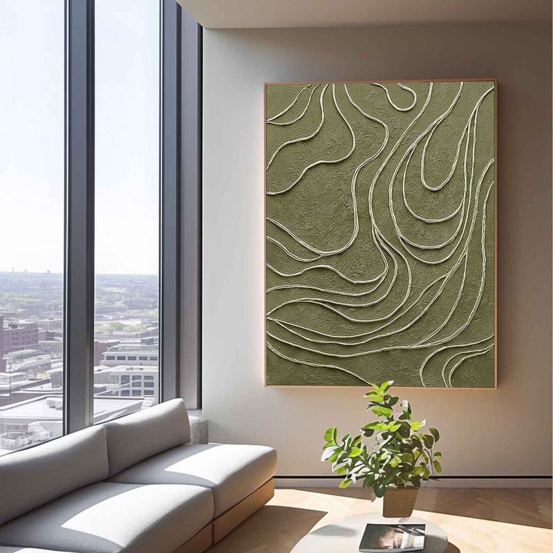 Original Hand-Painted Artwork Large Green Wall Art Minimalist lines Abstract Canvas Oil Painting