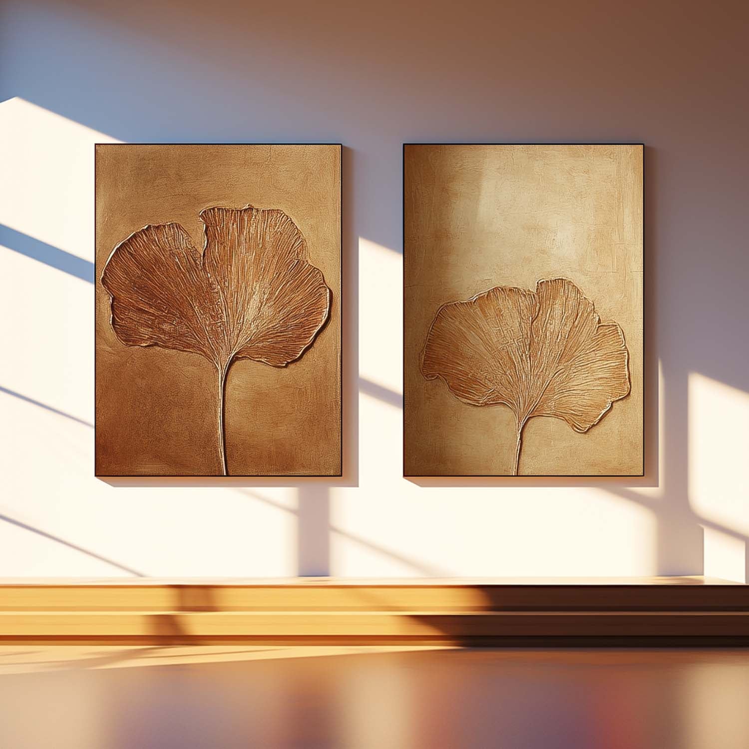 Set of 2 Exquisite Ginkgo Leaf Painting Acrylic Textured Floral Art Impressionist Ginkgo Leaf Painting