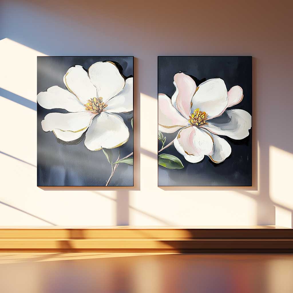 Set of 2 Floral Painting on Canvas 3D Blossom Textured Wall Art Flower Pastel Impasto Botanical Home Decor