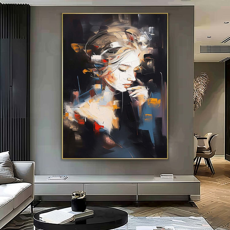 Black Series Large Portrait Painting Original Pretty Woman Wall Art Abstract  Artwork For Living Room