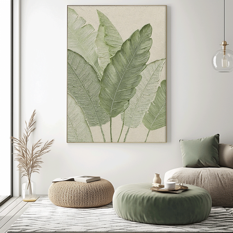 Large Thick Texture Abstract Green Leaf Paintings Modern Leaf Paintings Summer Painting Framed Wall Art