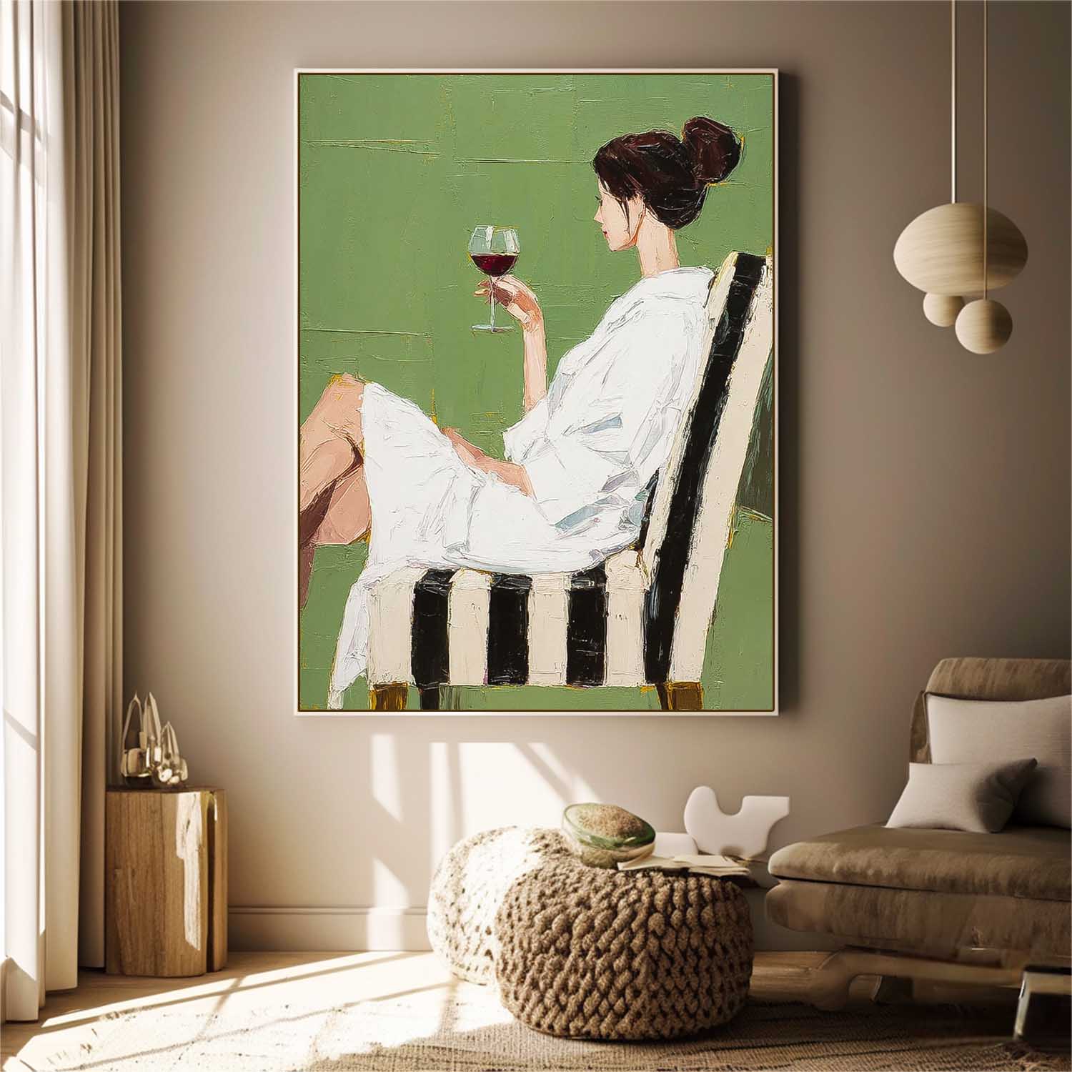 Abstract Lady Tasting Wine Oil Painting Canvas Original Beautiful Woman Wall Art Retro Figure Artwork