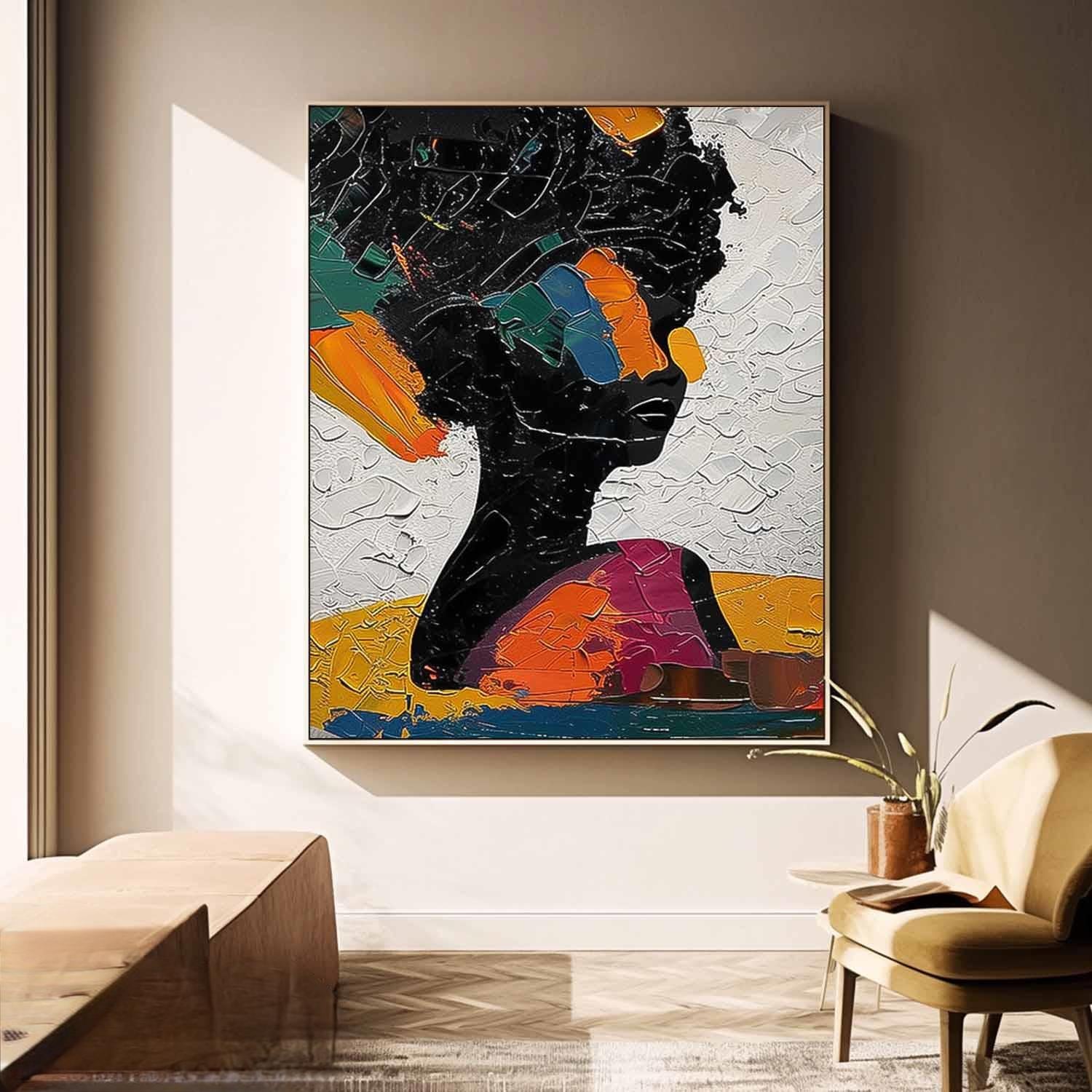 Large Portrait Painting Framed Original Exquisite Lady Wall Art Abstract Color Profile Artwork Home Decor
