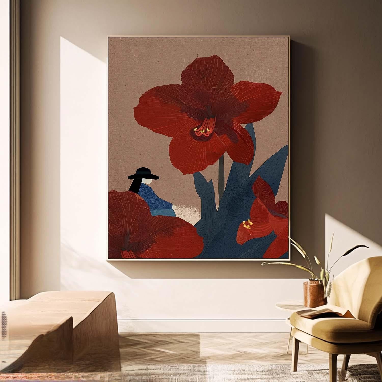 Original Girl On Flowers Wall Art Large Figure Painting Illustration style Abstract Artwork For Living Room